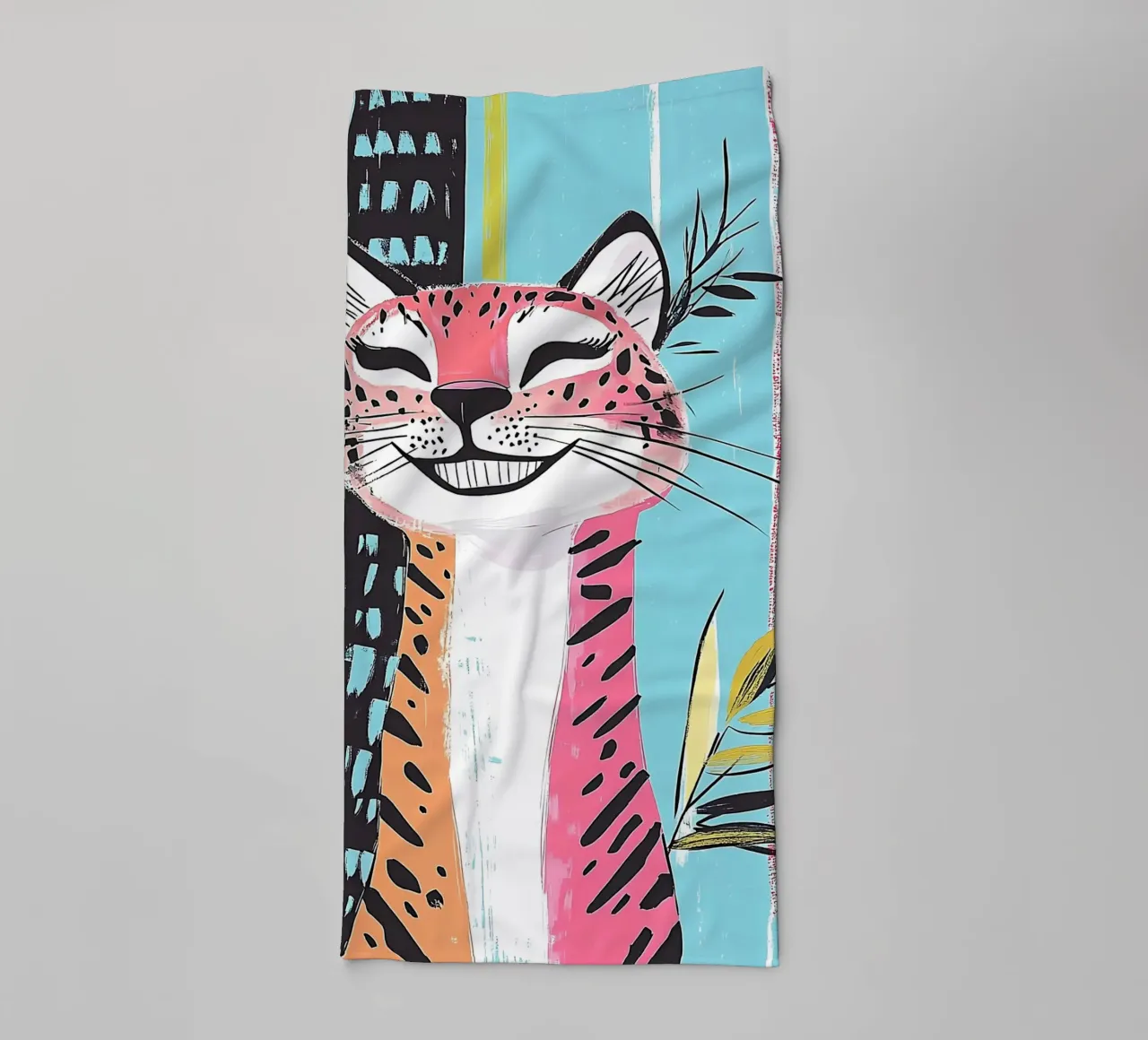 Smiling Leopard Print Cat towel by Damion Francis