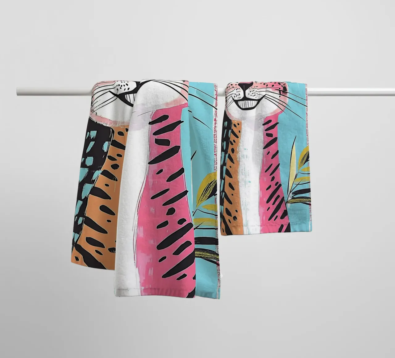 Smiling Leopard Print Cat towel by Damion Francis