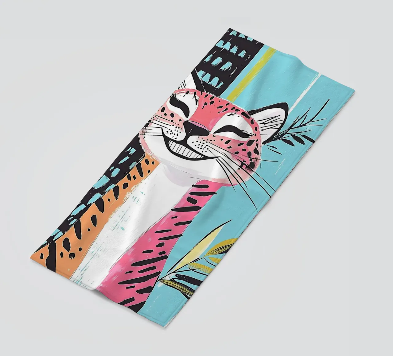 Smiling Leopard Print Cat beach towel by Damion Francis