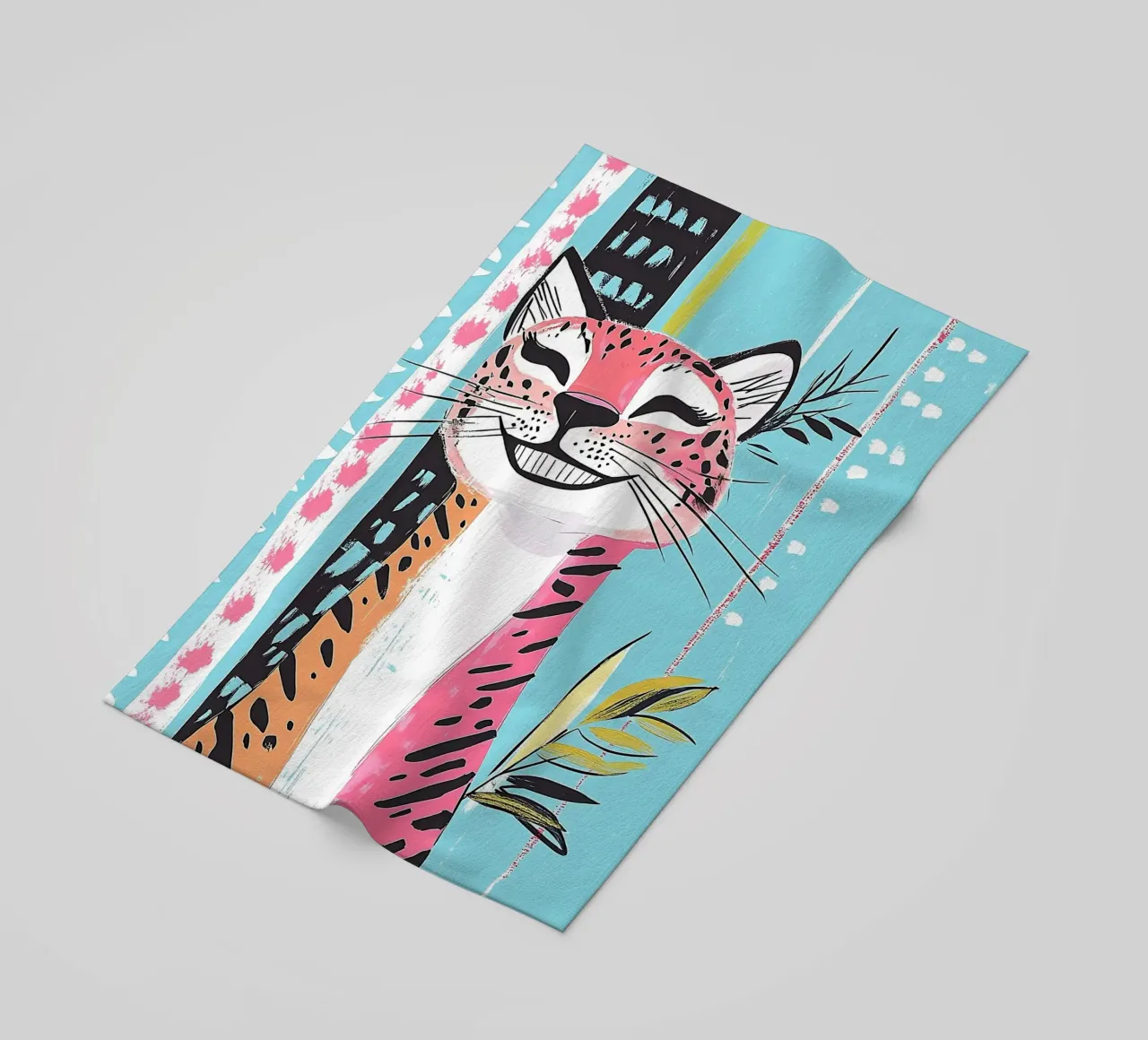 Smiling Leopard Print Cat beach towel by Damion Francis
