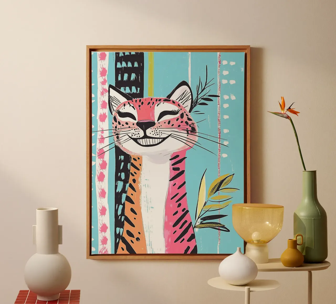 Smiling Leopard Print Cat canvas by Damion Francis