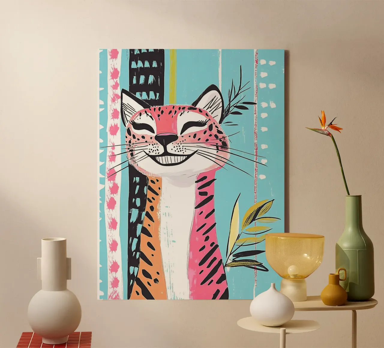 Smiling Leopard Print Cat canvas by Damion Francis