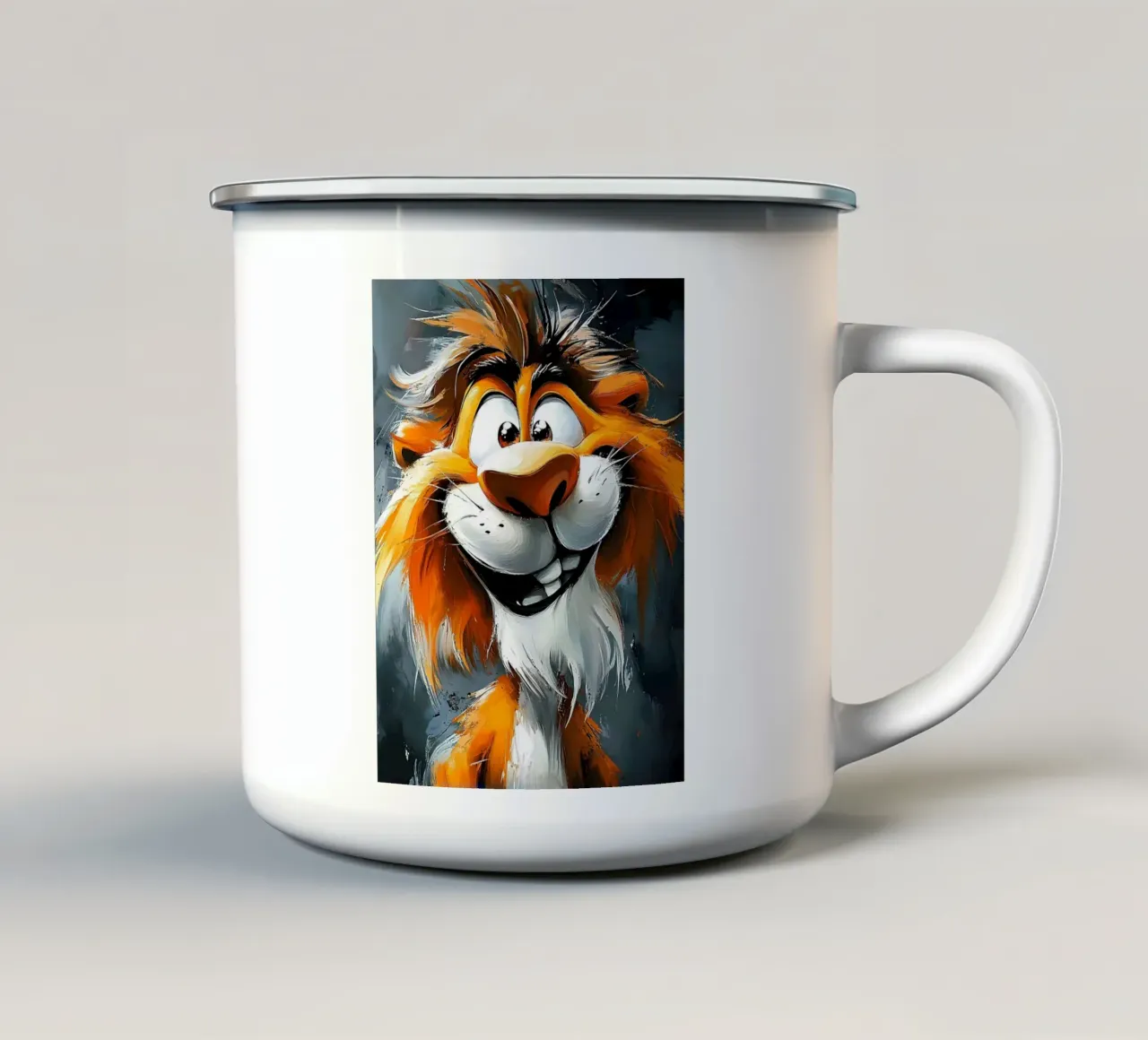 Leone sorridente dei cartoni animati Pittura a olio tazza in smalto da Damion Francis