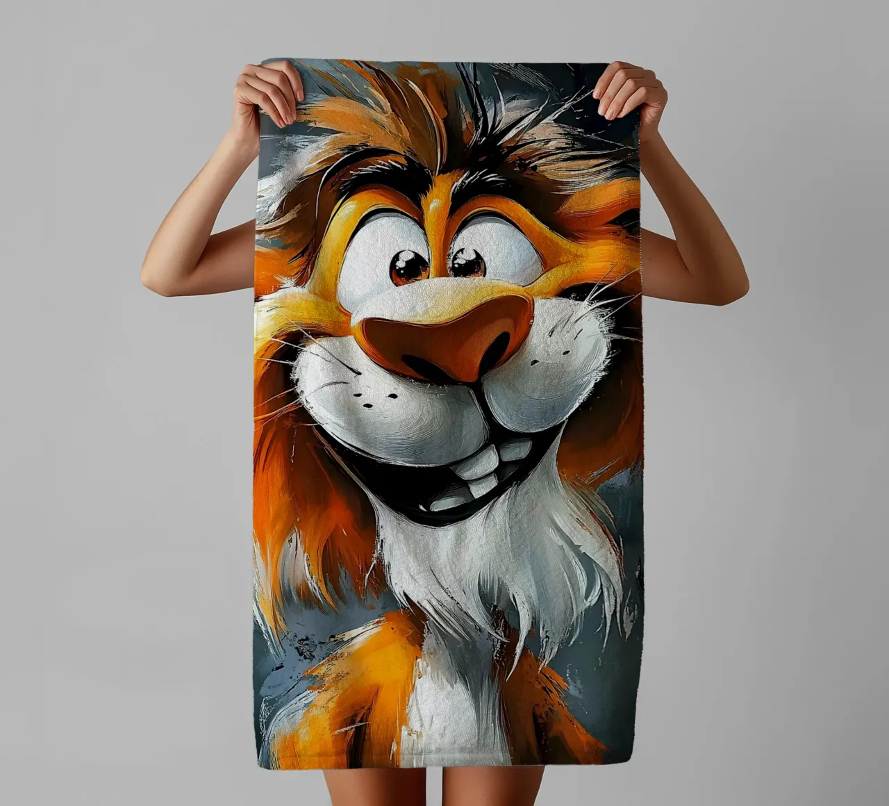 Peinture à l'huile d'un lion souriant serviette de bain de Damion Francis