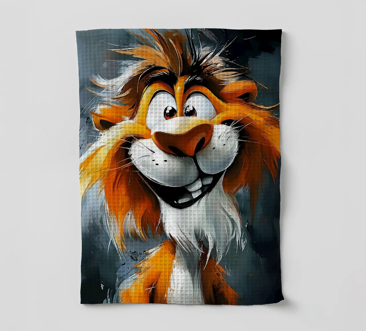 Peinture à l'huile d'un lion souriant torchon de Damion Francis
