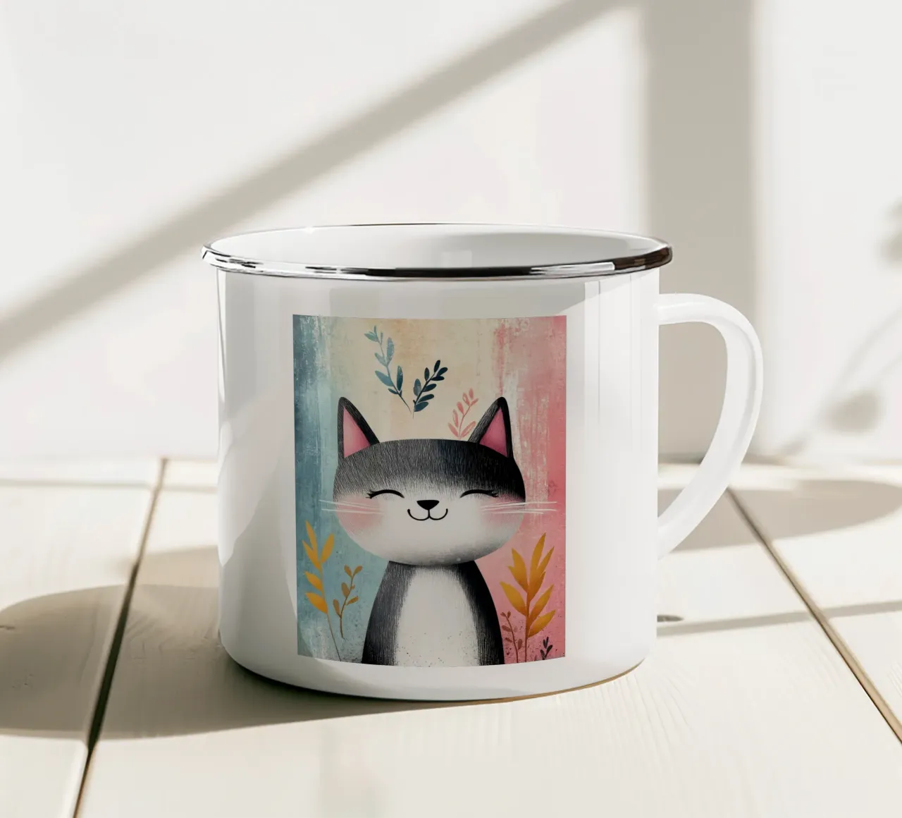 Gattino gioioso tazza in smalto da Damion Francis