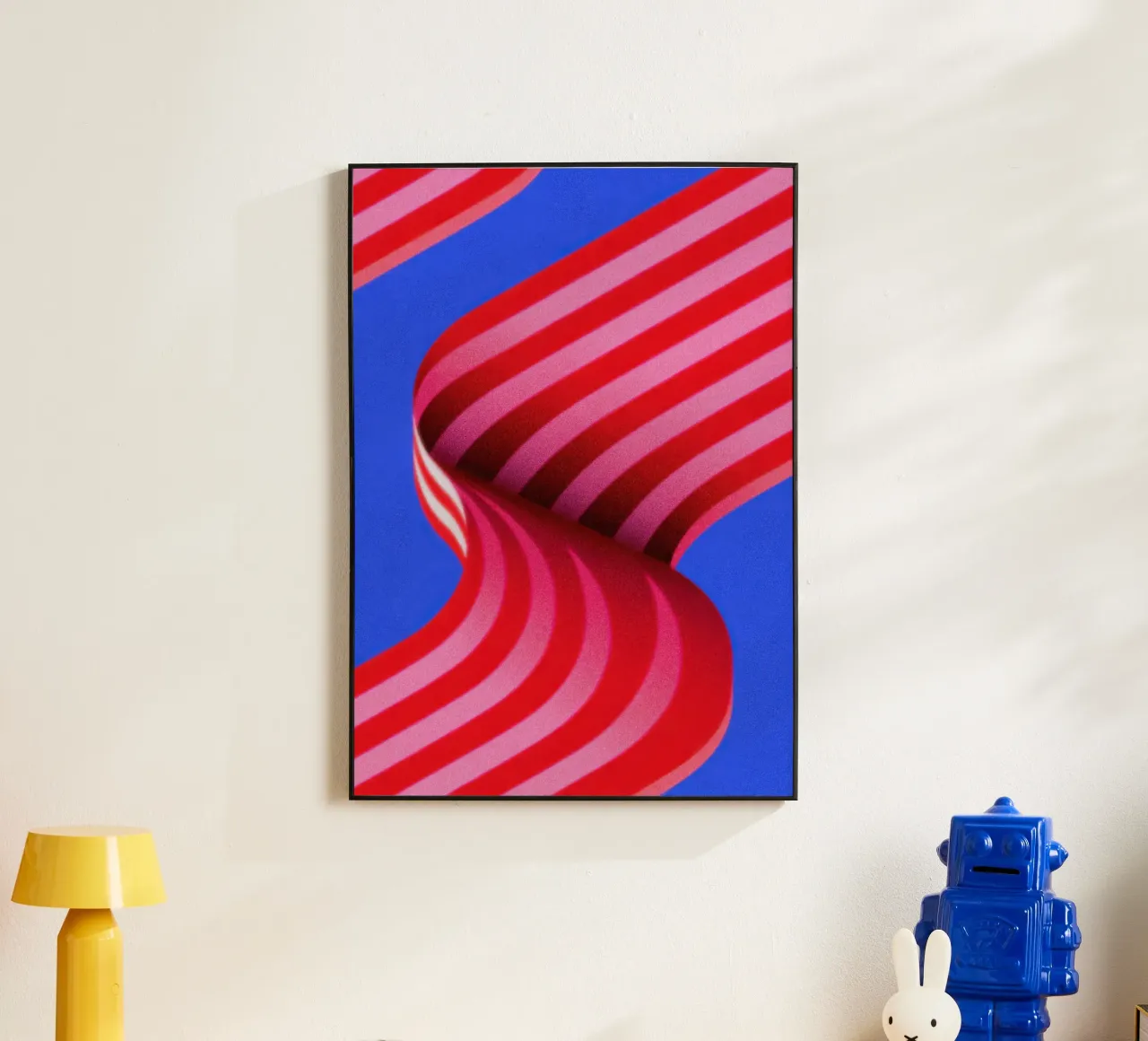 Illustrazione della dopamina con nastro a strisce rosse e rosa alluminio dibond da Nikis Art Studio