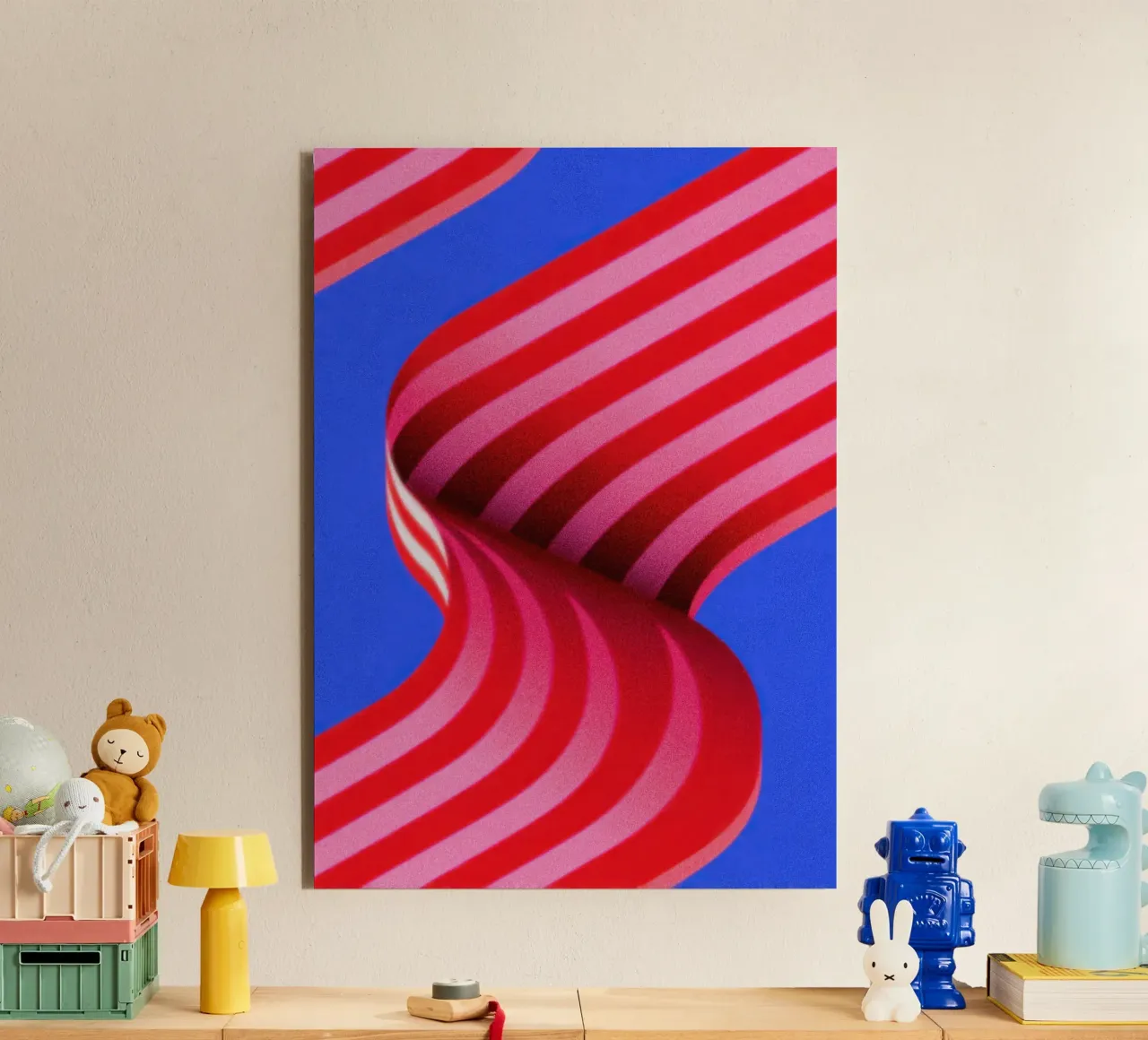 Illustrazione della dopamina con nastro a strisce rosse e rosa alluminio dibond da Nikis Art Studio