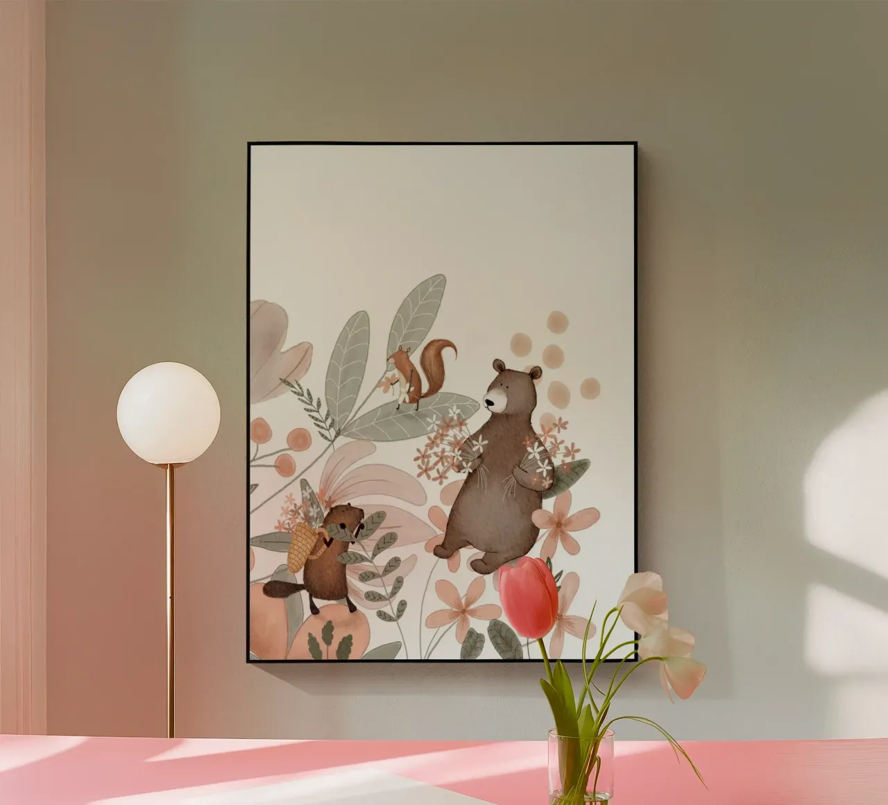 Orso, castoro e scoiattolo con fiori e piante selvatiche plexiglass da Urchin Bay Art
