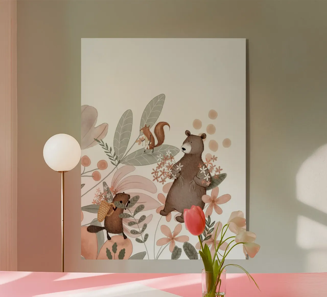 Orso, castoro e scoiattolo con fiori e piante selvatiche plexiglass da Urchin Bay Art