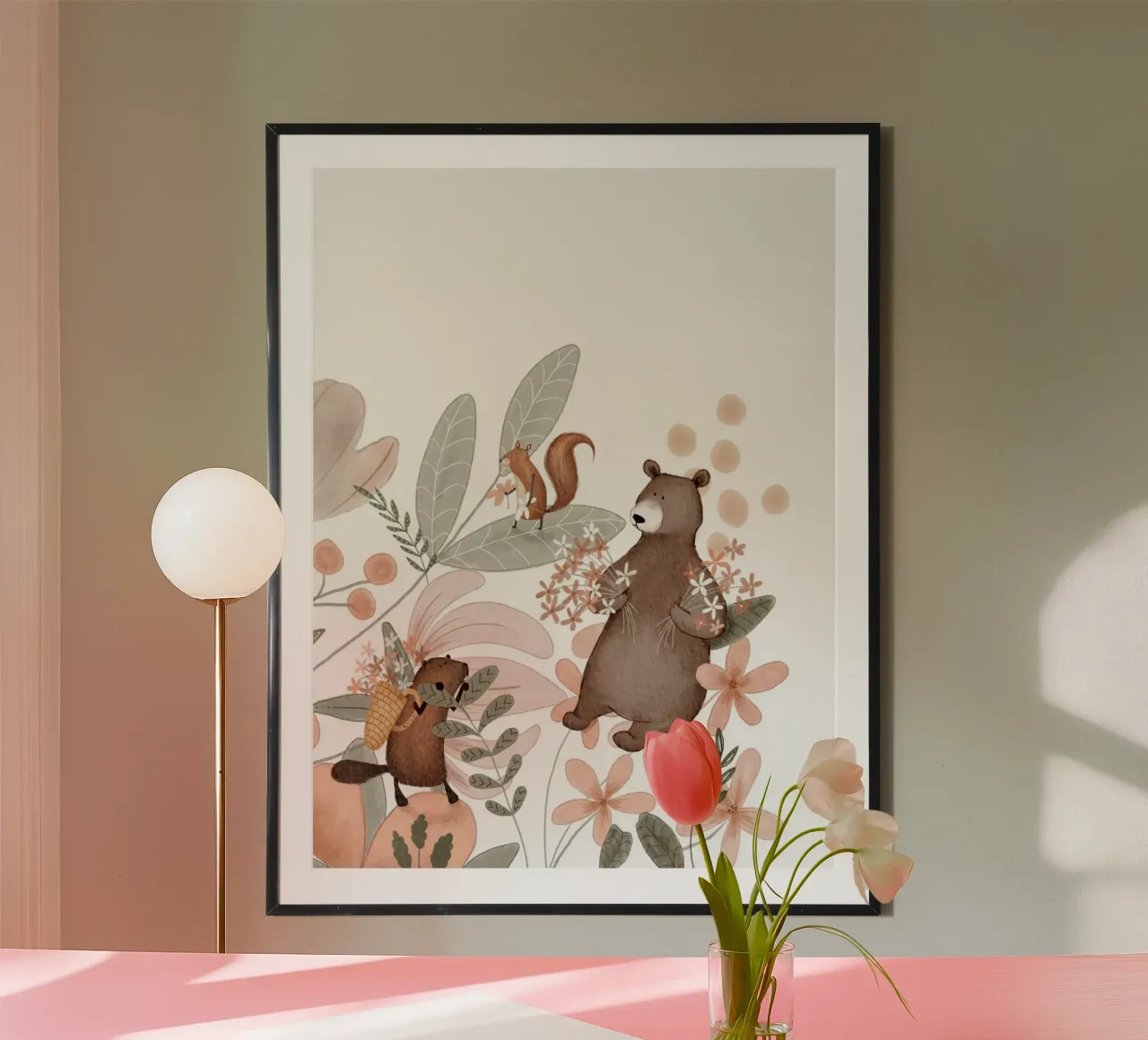 Orso, castoro e scoiattolo con fiori e piante selvatiche poster da Urchin Bay Art