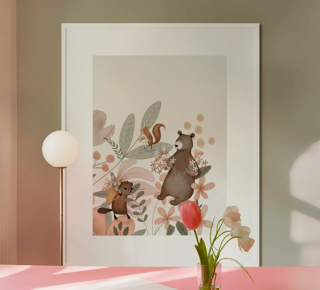 Orso, castoro e scoiattolo con fiori e piante selvatiche poster da Urchin Bay Art