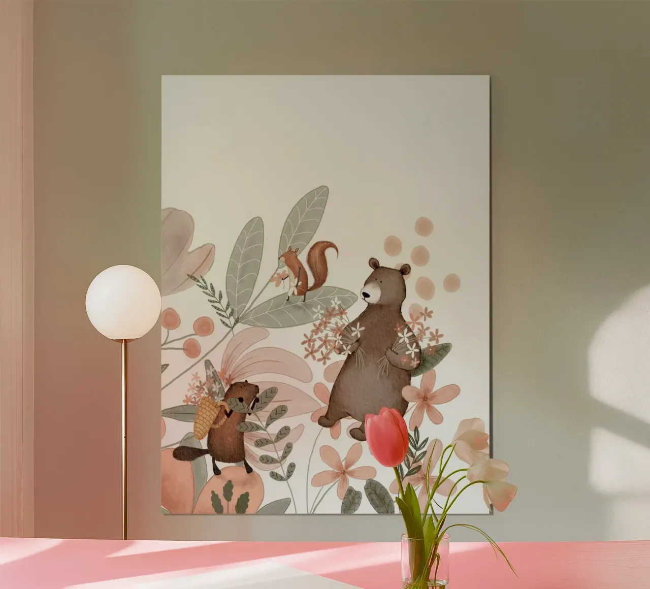 Orso, castoro e scoiattolo con fiori e piante selvatiche poster da Urchin Bay Art