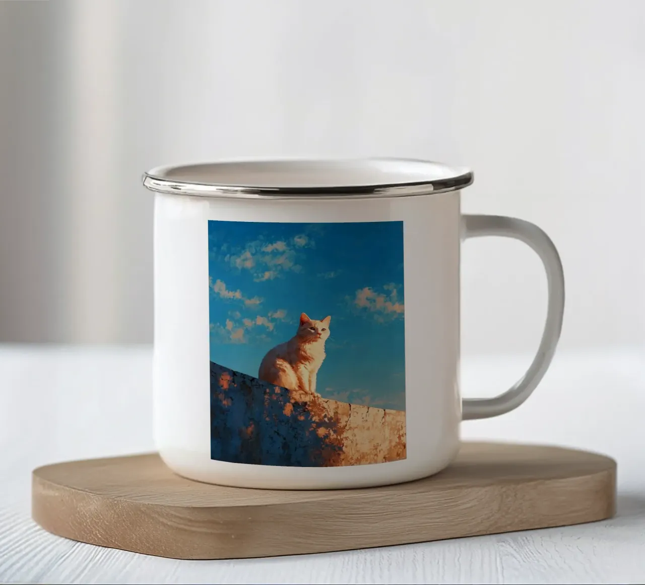 cat viewing the sunset emaille mok van scoten