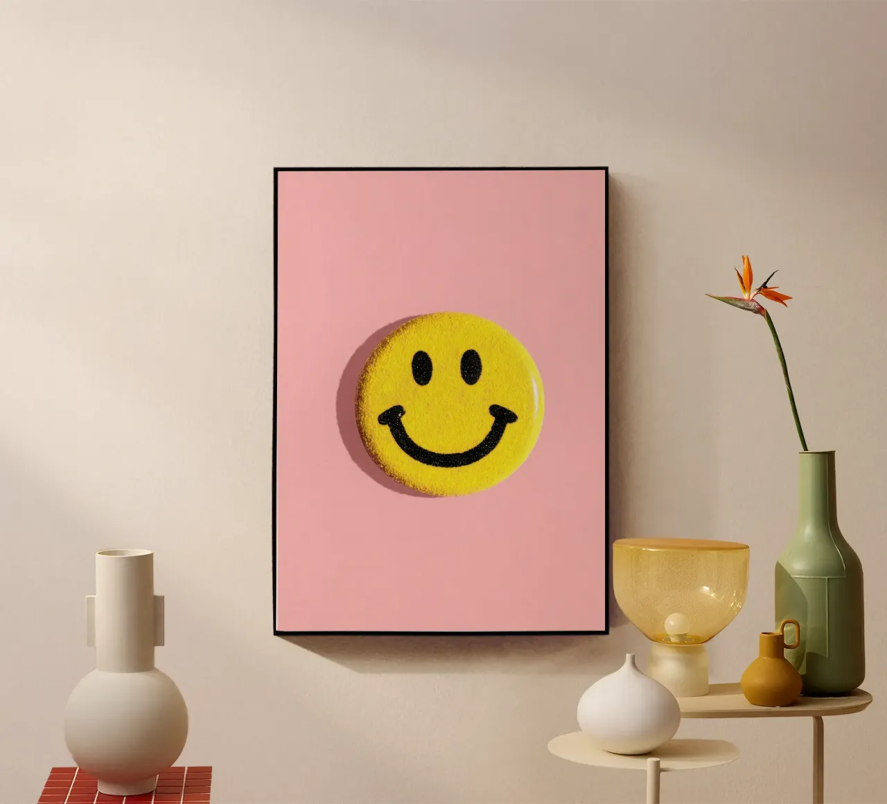 Smiley jaune Dopamine Button Flat Lay plexiglas de Nikis Art Studio