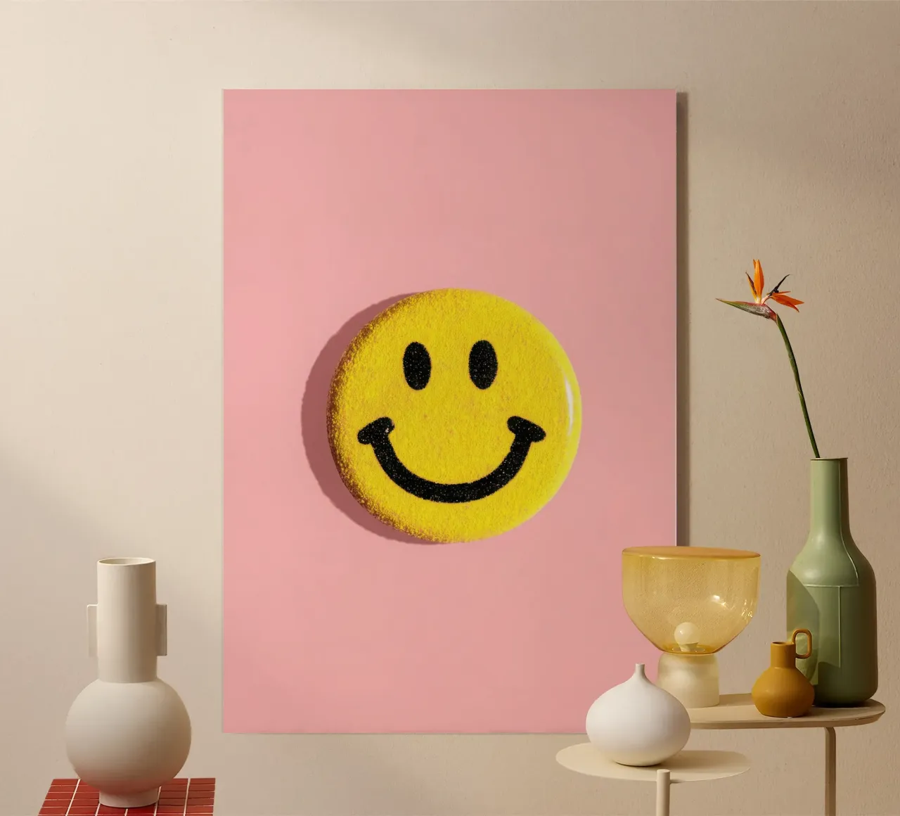 Smiley jaune Dopamine Button Flat Lay plexiglas de Nikis Art Studio