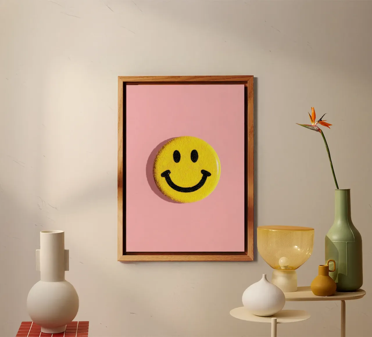 Smiley jaune Dopamine Button Flat Lay panneau forex de Nikis Art Studio