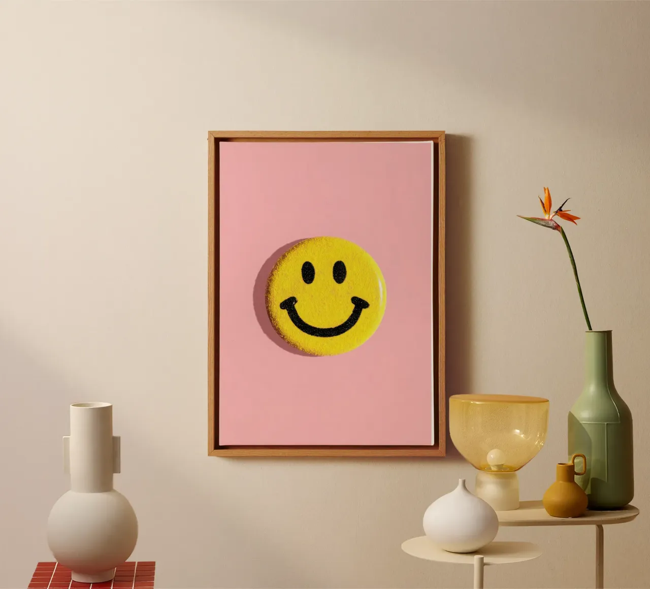 Smiley jaune Dopamine Button Flat Lay toile de Nikis Art Studio