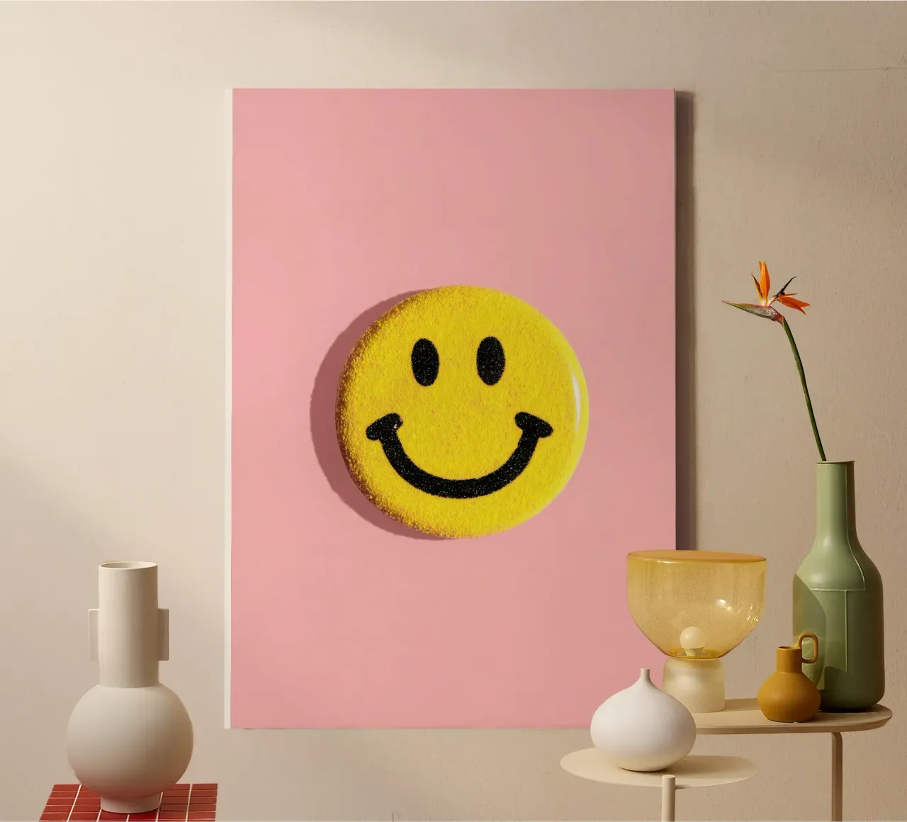 Smiley jaune Dopamine Button Flat Lay toile de Nikis Art Studio