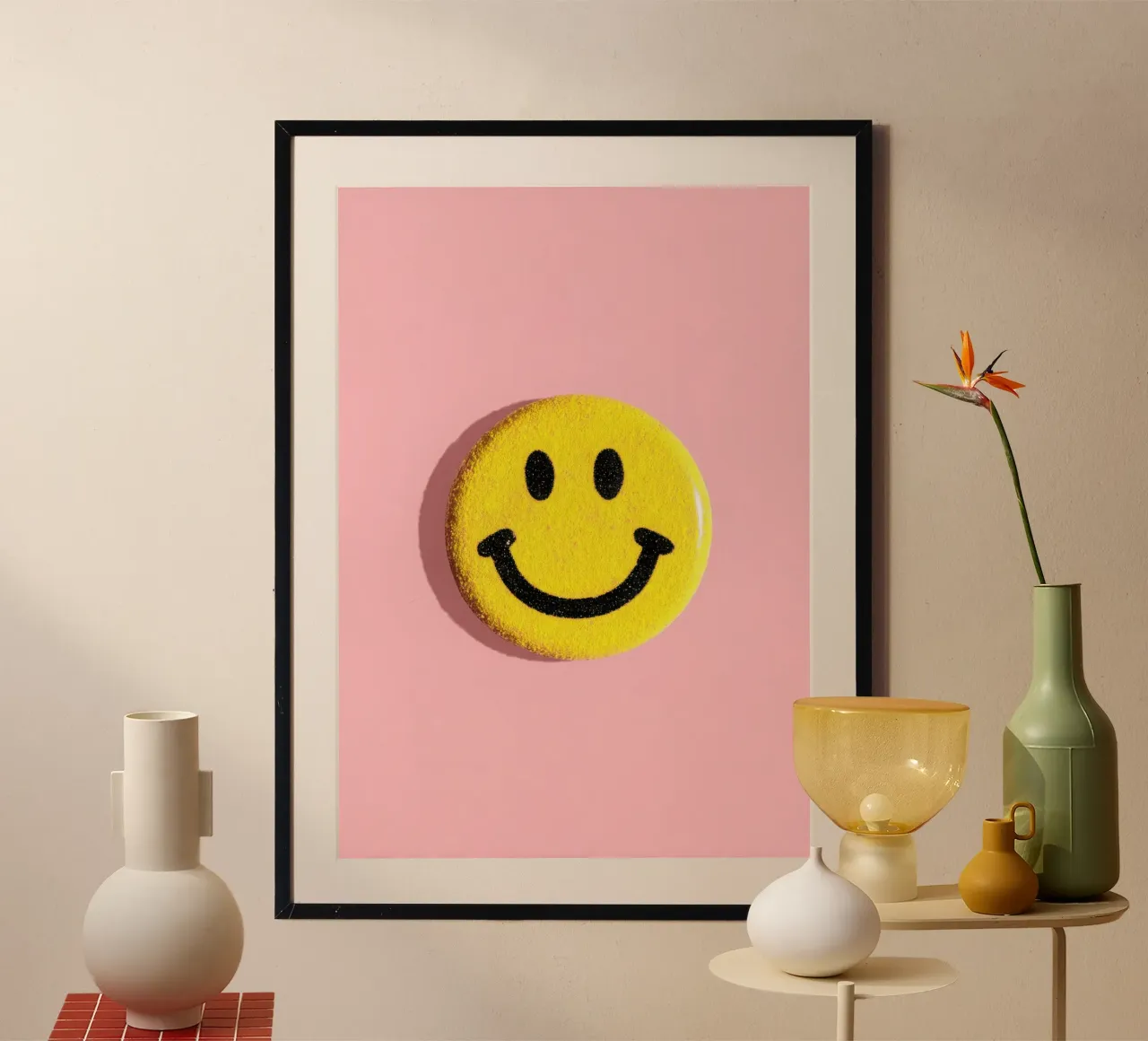 Gele smiley Dopamine Button Flat Lay hahnemühle van Nikis Art Studio