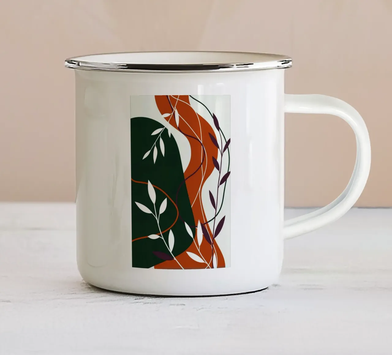 Abstract botanisch terracotta en smaragd emaille mok van Artistic-shop