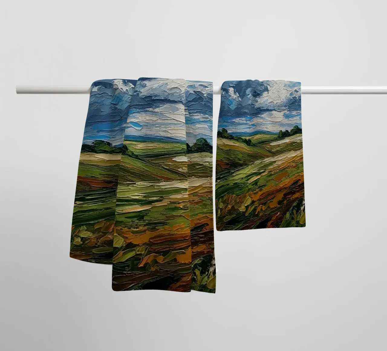 Impasto Fields Under a Dramatic Sky: A Textured Landscape towel by Artistic-shop