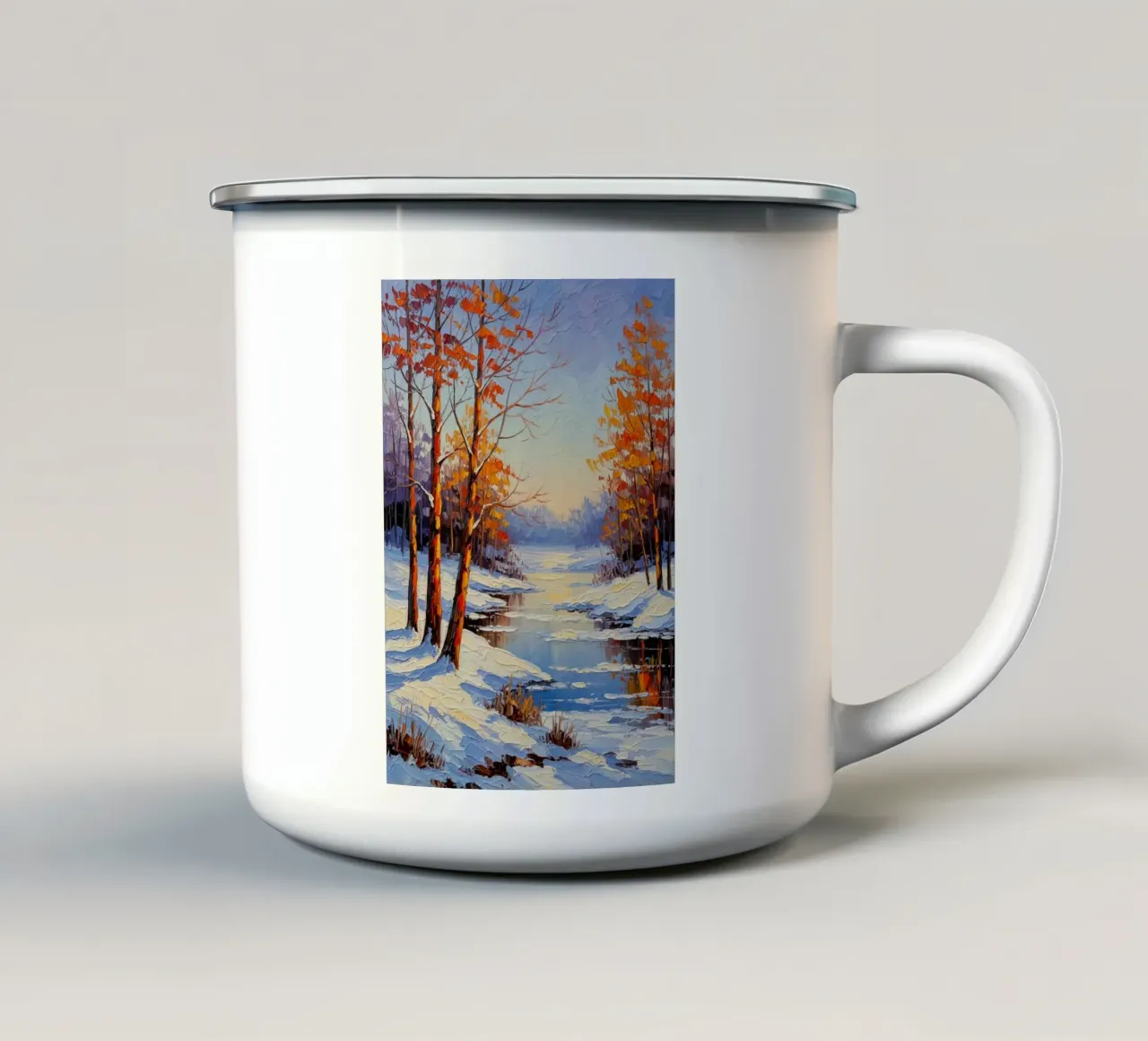 Winter sereniteit: Een gestructureerd impressionistisch landschap emaille mok van Artistic-shop