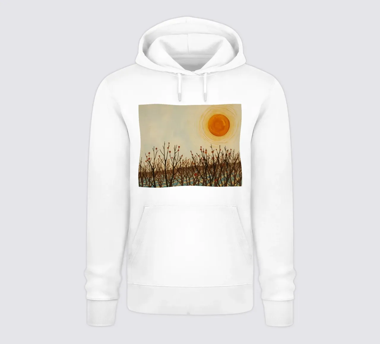Paesaggio autunnale con sole e alberi spogli felpa con cappuccio da DesignDoodle