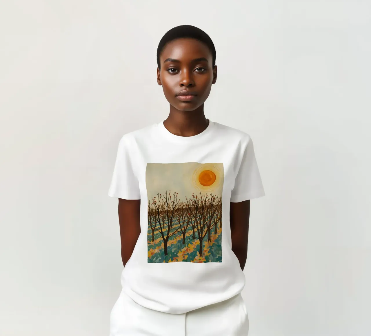 Paesaggio autunnale con sole e alberi spogli t-shirt da DesignDoodle