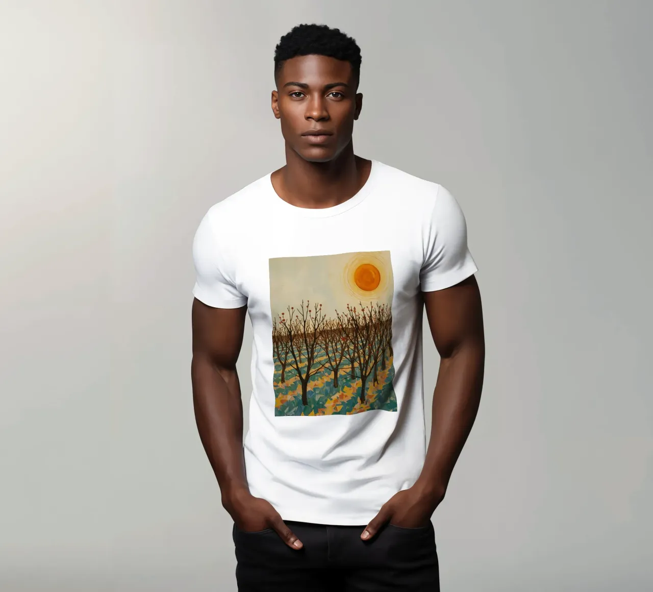 Paesaggio autunnale con sole e alberi spogli t-shirt da DesignDoodle