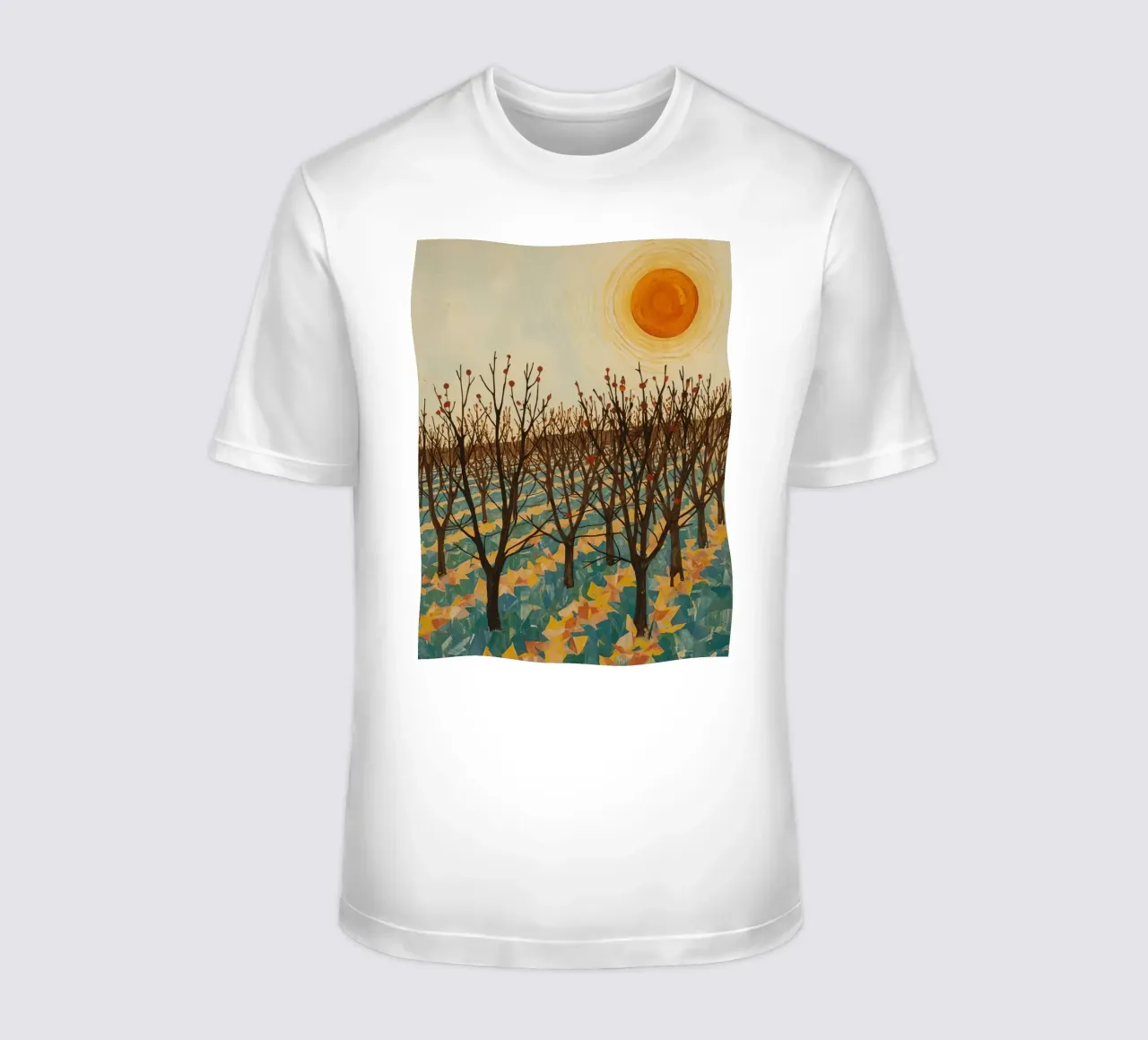 Paesaggio autunnale con sole e alberi spogli t-shirt da DesignDoodle