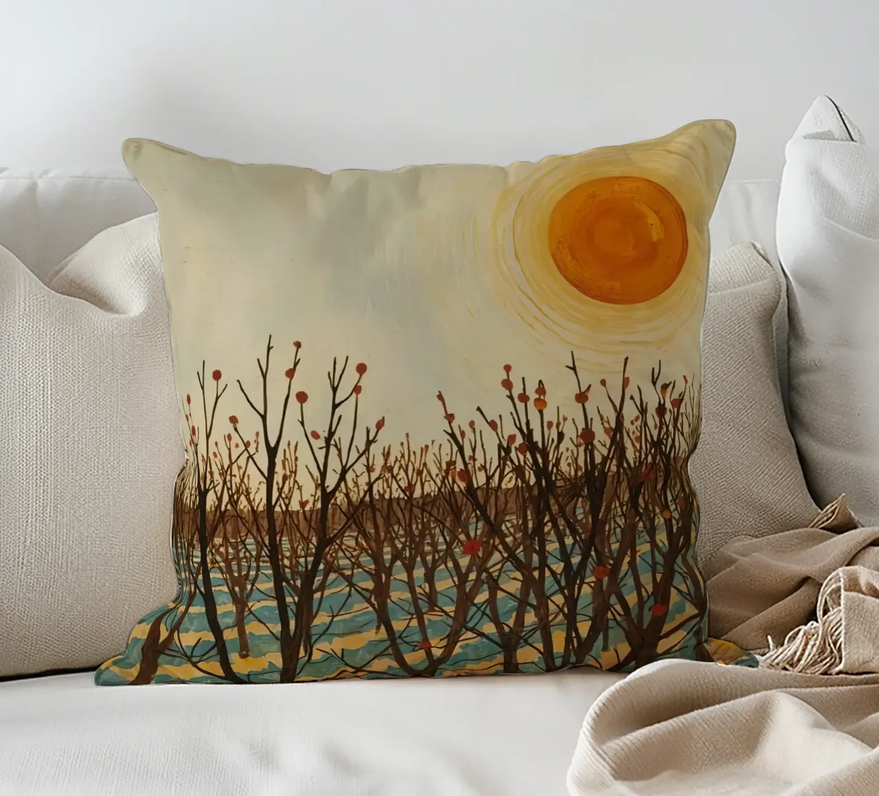 Paesaggio autunnale con sole e alberi spogli cuscino da DesignDoodle