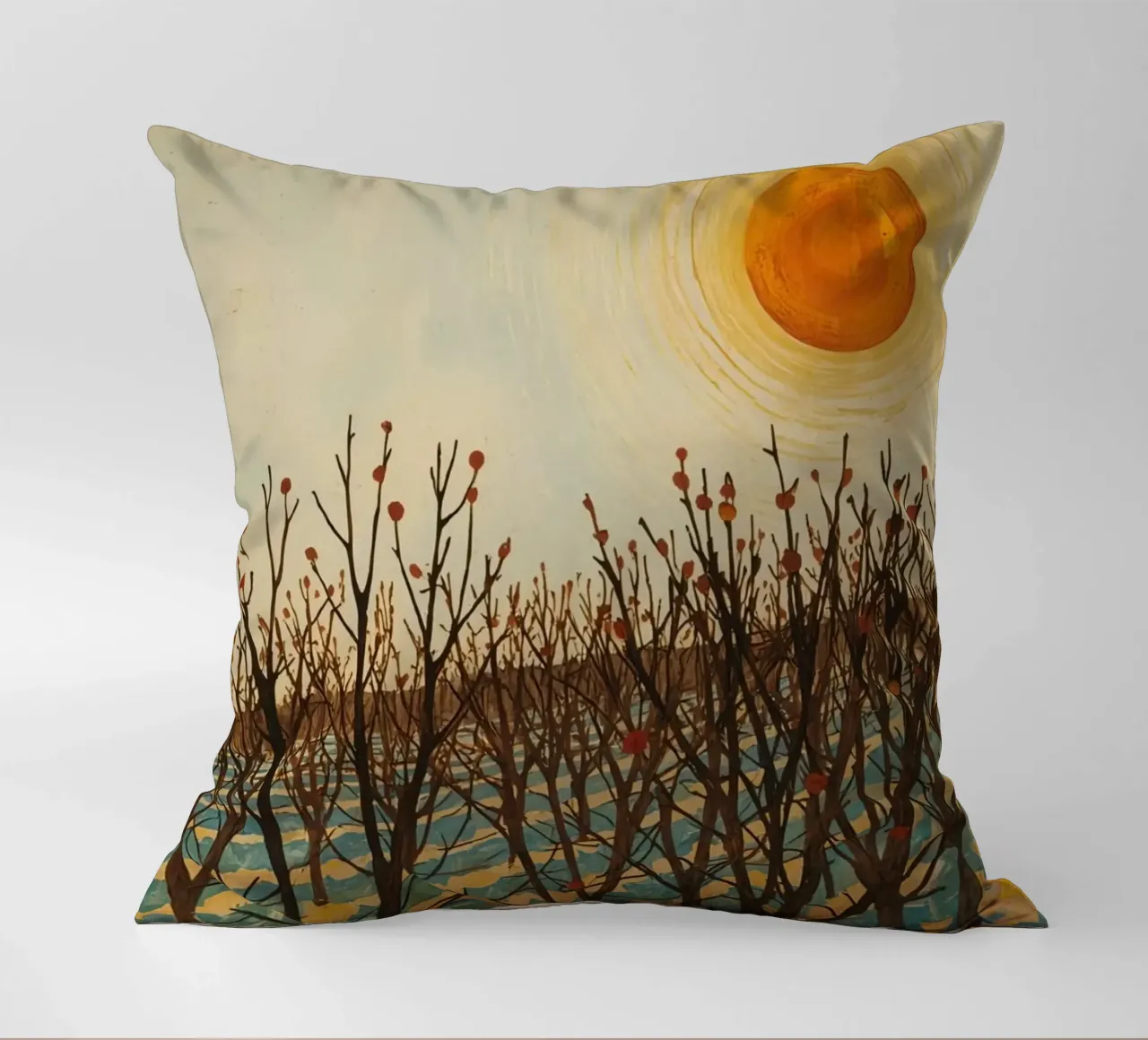 Paesaggio autunnale con sole e alberi spogli cuscino da DesignDoodle
