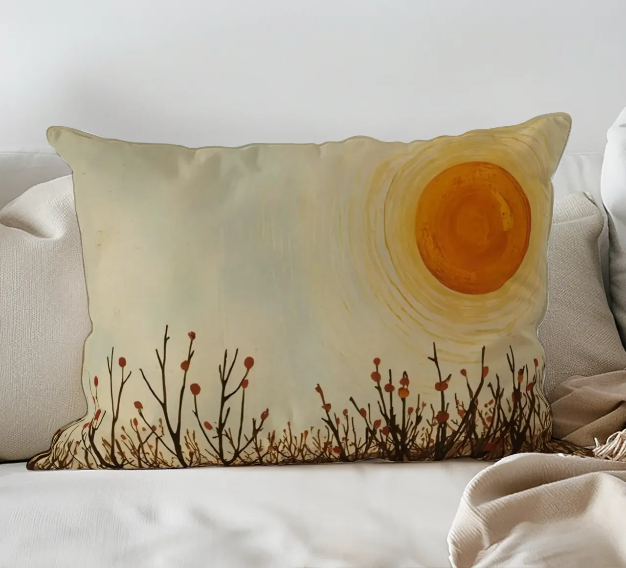 Paesaggio autunnale con sole e alberi spogli cuscino da DesignDoodle