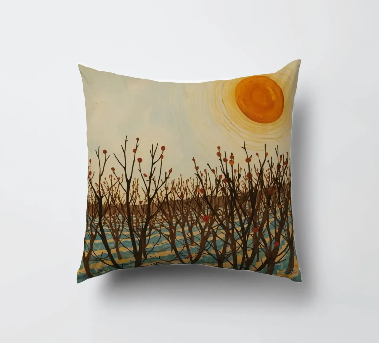 Paesaggio autunnale con sole e alberi spogli cuscino da DesignDoodle