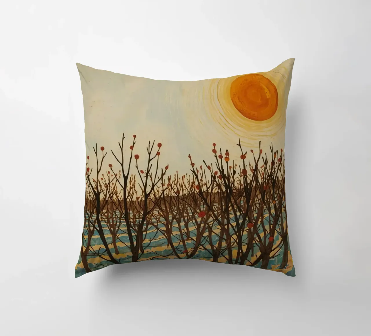 Paesaggio autunnale con sole e alberi spogli cuscino da DesignDoodle