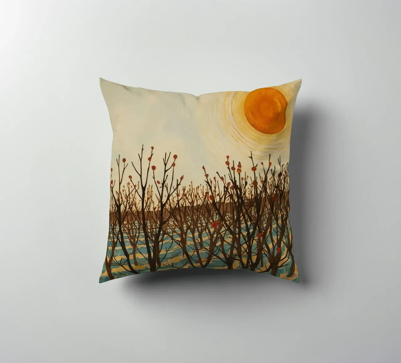 Paesaggio autunnale con sole e alberi spogli cuscino da DesignDoodle