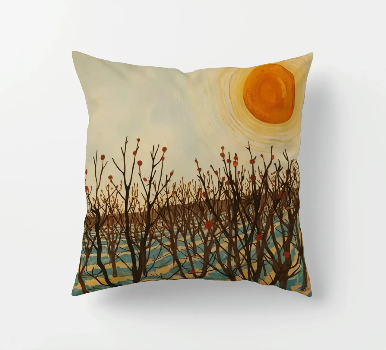 Paesaggio autunnale con sole e alberi spogli cuscino da DesignDoodle