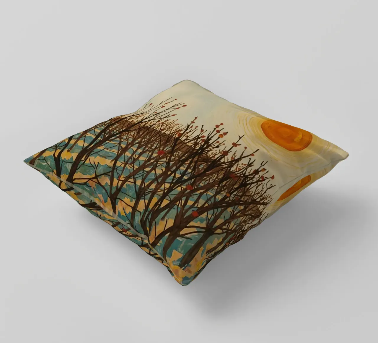 Paesaggio autunnale con sole e alberi spogli cuscino da DesignDoodle