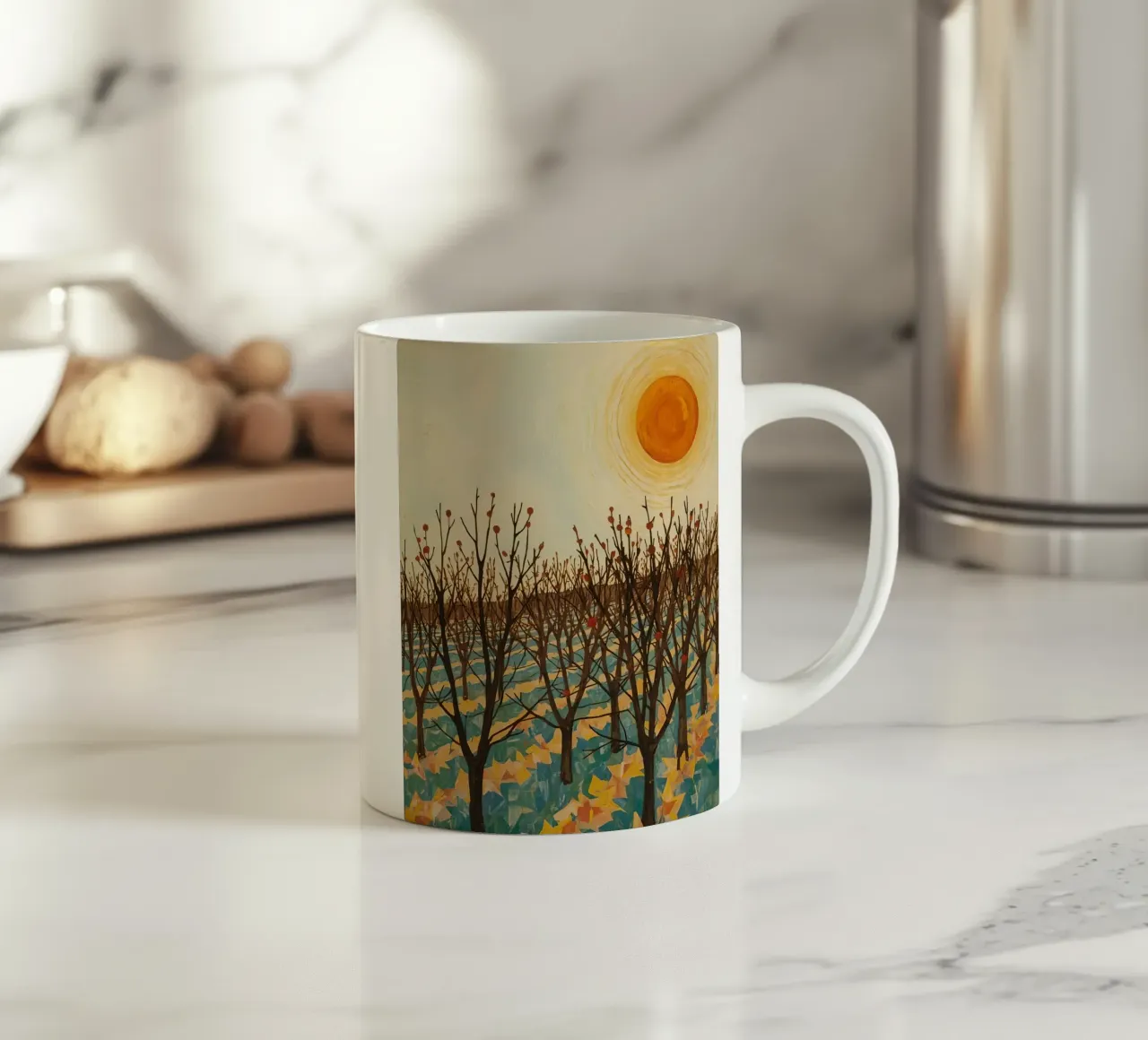 Paesaggio autunnale con sole e alberi spogli tazza in ceramica da DesignDoodle