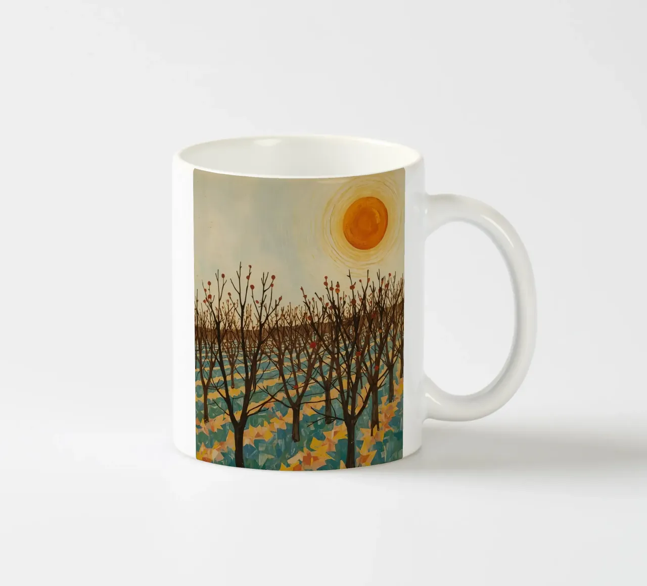 Paesaggio autunnale con sole e alberi spogli tazza in ceramica da DesignDoodle