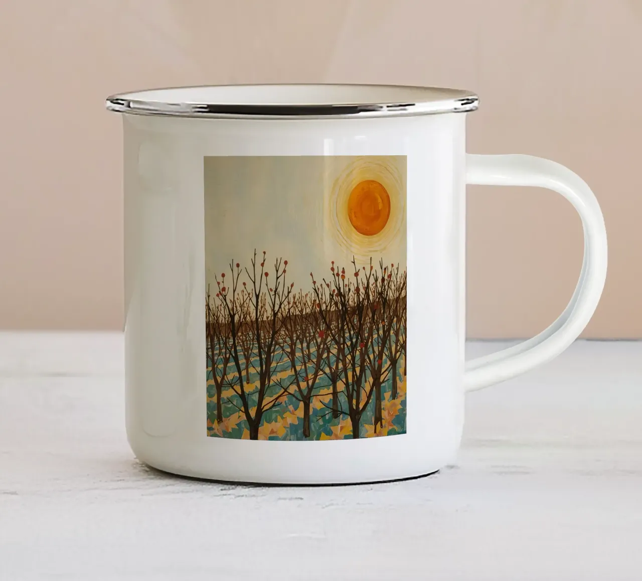 Herfstlandschap met zon en kale bomen emaille mok van DesignDoodle