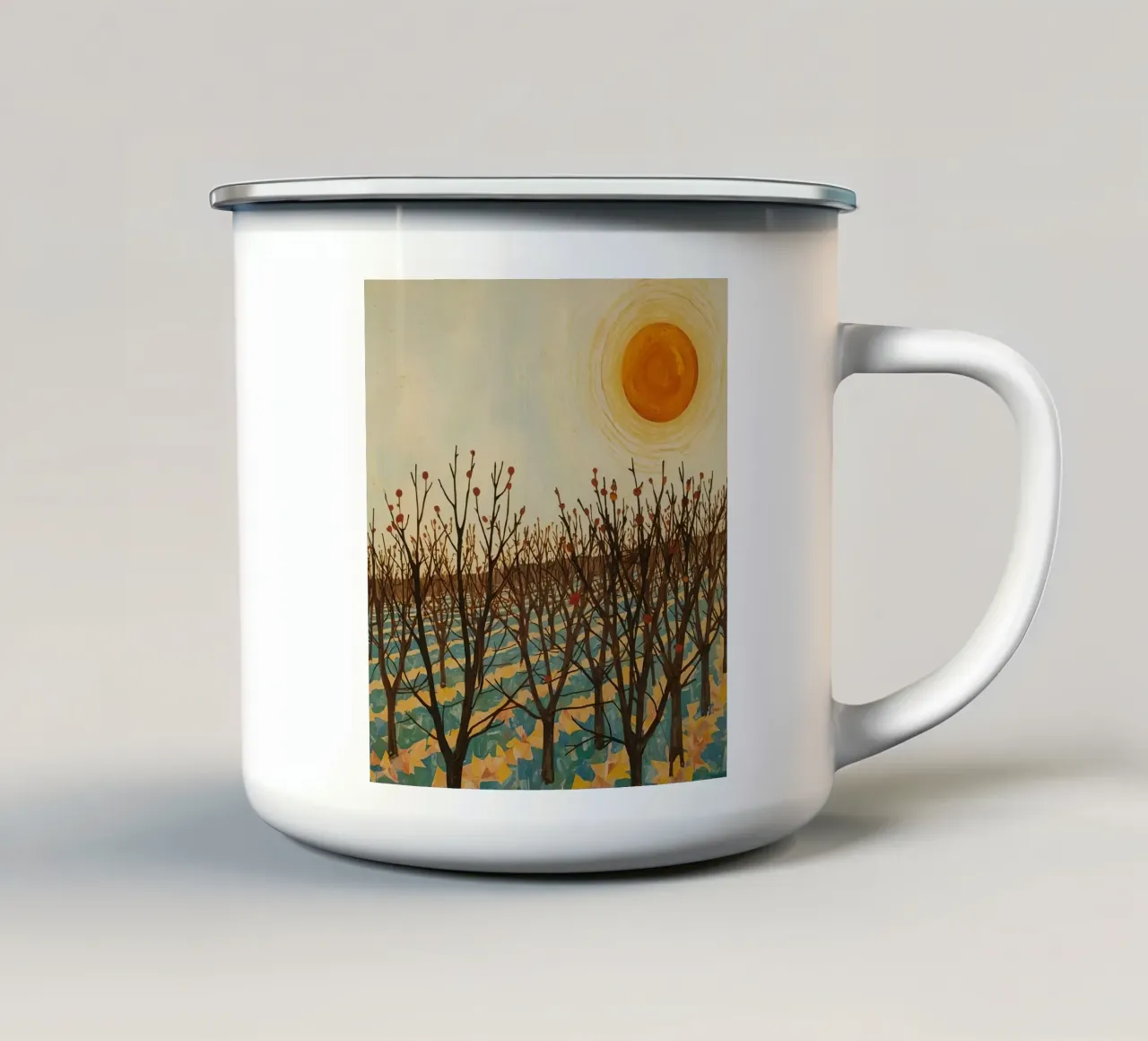 Herfstlandschap met zon en kale bomen emaille mok van DesignDoodle