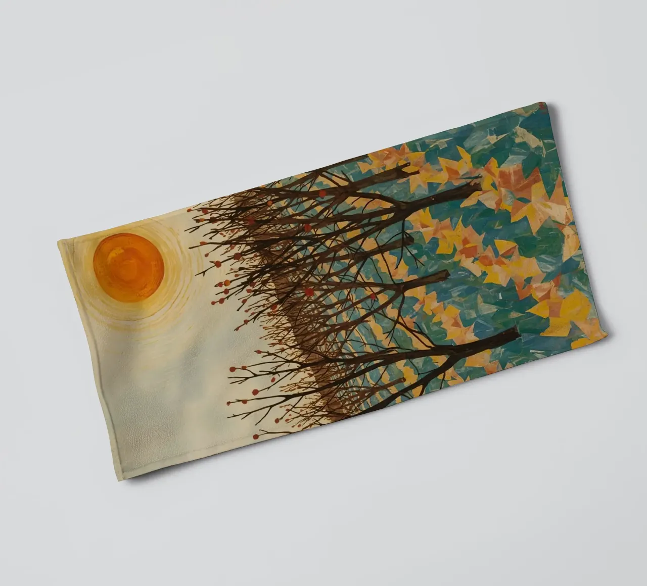 Autumn Landscape with Sun and Bare Trees towel by DesignDoodle