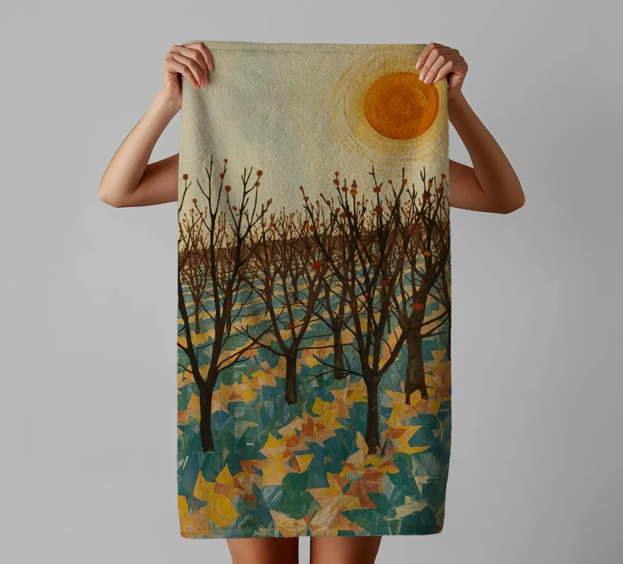 Autumn Landscape with Sun and Bare Trees towel by DesignDoodle