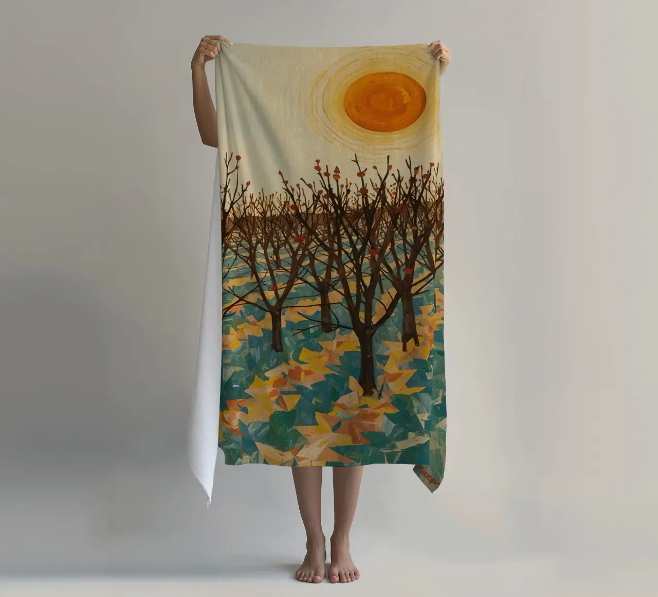 Paesaggio autunnale con sole e alberi spogli telo mare da DesignDoodle