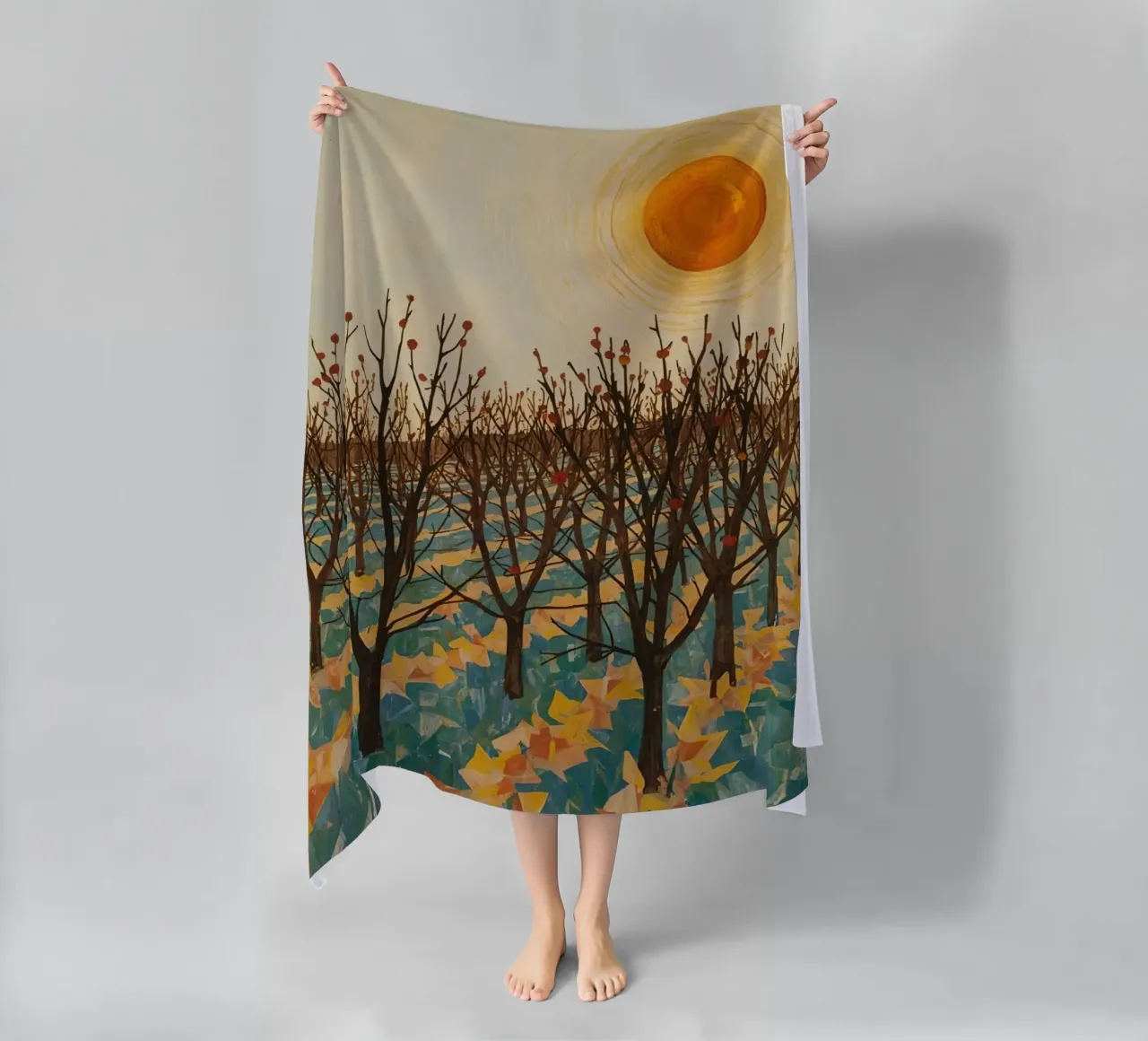 Paesaggio autunnale con sole e alberi spogli telo mare da DesignDoodle