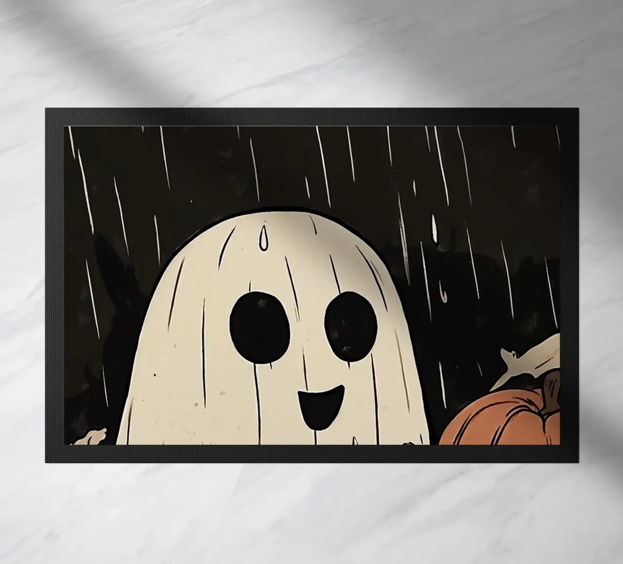 Fantasma di Halloween e zucche sotto la pioggia zerbino da HARU HARU