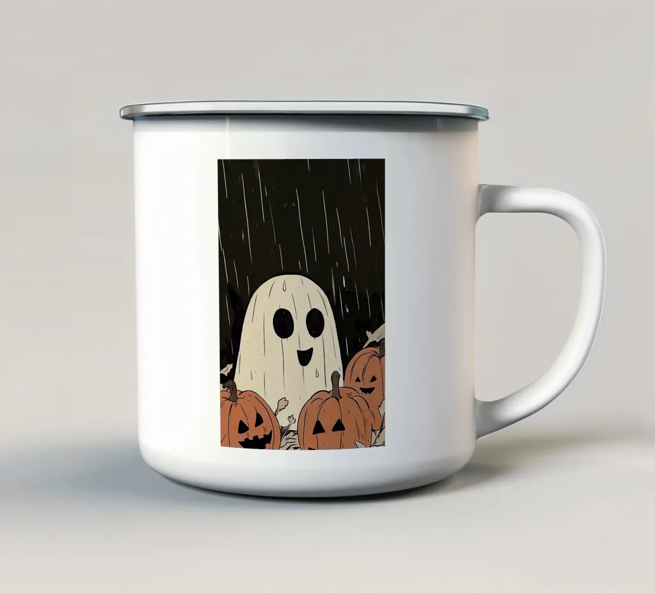 Fantasma di Halloween e zucche sotto la pioggia tazza in smalto da HARU HARU