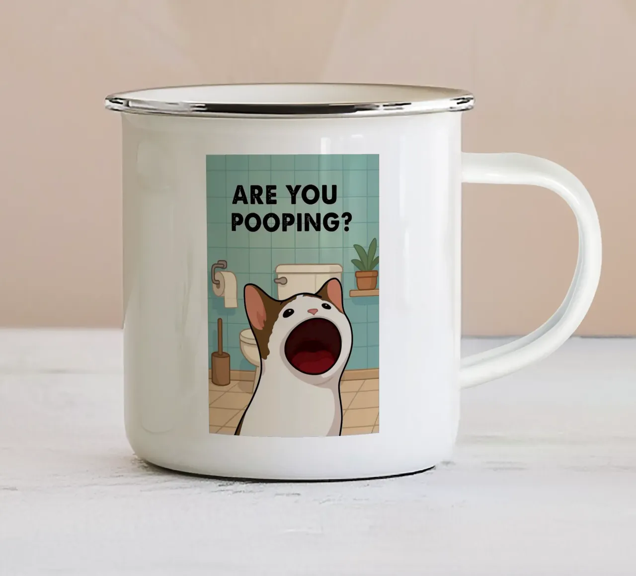 Are You Pooping_ Poster divertente per gatti tazza in smalto da JoyWalkerShop